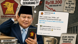 Ilustrasi parodi mengenai cuitan lawas Partai Gerindra yang kembali ramai dibagikan warganet di tengah pelemahan nilai tukar rupiah.