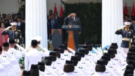 Presiden Prabowo Subianto menyampaikan pidato Hari Lahir Pancasila 2026 mengenai kebijakan ekspor SDA satu pintu dan hilirisasi industri di Gedung Pancasila Jakarta.