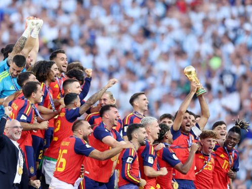 Ferran Torres merayakan gol kemenangan Spanyol saat mengalahkan Argentina pada final Piala Dunia 2026 di Stadion New York New Jersey.